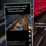 Collage aus zwei Screenshots des verwüsteten Karlsruher Kinos. (Foto: tiktok/Filmpalast Karlsruhe ZKM)