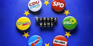 Buttons von Parteien zusammen mit dem Text "Europawahl" (Foto: dpa / Christian Ohde)