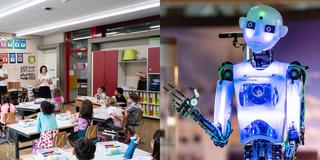 Collage: Klassenzimmer mit Schülern und Roboter (Foto: picture alliance/Elia Bianchi/KEYSTONE/dpa / picture alliance/Guido Kirchner/dpa)