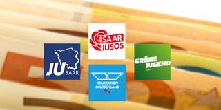 Logos der Jugendorganisationen: JU, Jusos, Grüne Jugend, AfD Generation Deutschland. Im Hintergrund Euroscheine (Foto: SR/IMAGO/Wolfilser)