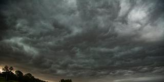 Dunkle Gewitterwolken sind am abendlichen Himmel über einer Wiese zu sehen. (Foto: picture alliance/dpa/vifogra | Tobias Hartl)