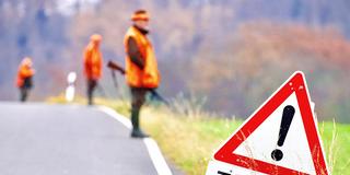 Ein Warnhinweisschild steht während einer Treibjagd am Rande einer Straße. Im Hintergrund stehen Jäger mit Gewehren. (Foto: picture alliance/dpa | Andreas Dunker)