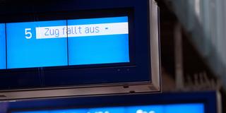 «Zug fällt aus» steht auf einer Anzeigetafel am Bahngleis (Foto: picture alliance/dpa | Jonas Walzberg)