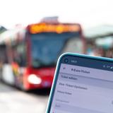 Auf einem Handy ist die Buchungsseite des 9-Euro-Tickets aufgerufen mit einem roten Bus im Hintergrund. (Foto: picture alliance/dpa | Melissa Erichsen)