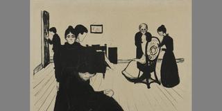 Ausstellung Into the Dark – Grafik von Ensor bis Munch. Edvard Munch, Der Tod im Krankenzimmer, 1896,  (Foto: Edvard Munch1896, Foto: Tom Gundelwein / Saarlandmuseum)