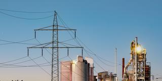 Strommasten stehen im Morgenlicht vor einer Industrieanlage (Foto: picture alliance/dpa | Silas Stein)