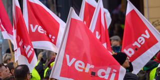 Streikende stehen mit Verdi-Fahnen (Foto: picture alliance/dpa | Klaus-Dietmar Gabbert)