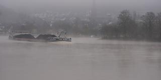 Ein Frachtschiff ist am 01.02.2025 im Morgennebel auf der Mosel unterwegs. (Foto: picture alliance/dpa | Thomas Frey)