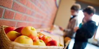 Äpfel liegen in einer Grundschule in einem Korb. Im Hintergrund stehen zwei Schüler. (Foto: picture alliance/dpa | Julian Stratenschulte)