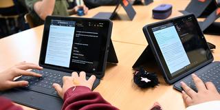 Schülerinnen arbeiten im Unterricht mit Tablets (Foto: picture alliance/dpa | Carmen Jaspersen)