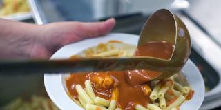 Mit einer Kelle wird das Essen auf Teller verteilt. (Foto: dpa/Jens Büttner)