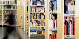 Mitarbeiterin einer Bibliothek geht an Bücherregalen vorbei (Foto: dpa/Sebastian Willnow)