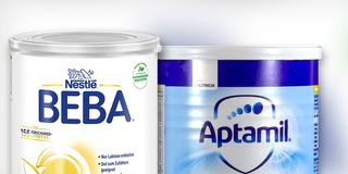 Produktabbildung: Nestlé Beba und Danone Aptamil. Fotomontage (Foto: Nestle/Danone/Imago Depositphotos)