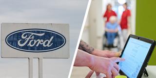 Fotocollage: Ford (Firmenschild), eine Pflegekraft dokumentiert ihre Arbeit am Laptop. (Foto: SR/picture alliance/dpa | Bernd Thissen/dpa Oliver Dietze)