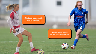 Links und rechts im Bild sind jeweils zwei junge Frauen, die Fußball spielen. Im Hintergrund sieht man den Rasen eines Fußballfelds. (Foto: IMAGO)