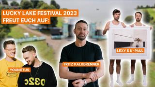 Collage von YouNotUs, Fritz Kalkbrenner und Lexy & K-Paul vor einer Luftaufnahme des Lucky Lake-festivals. (Foto: UNSERDING/Pressefotos)