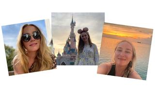 Drei Bilder von Moderatorin Katrin: Ein Selfie mit Sonnenbrille, ein Bild vor dem rose Schloss im Disneyland und ein Selfies vom Strand. (Foto: Katrin Baron)