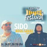 Das Plakat zum Open Air Festival im Lokschuppen am 24. Juli 2025. Sido und Kool Savas sind im Hintergrund zu sehen, im Vordergrund stehen Datum und co. (Foto: Lokschuppen Dillingen/Saar)