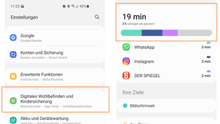 Screenshots eines Smartphone mit Android-System. So könnt ihr euch dort die Bildschirmzeit anzeigen lassen. (Foto: UNSERDING/Katharina Weber)