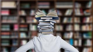 Eine Frau steht in einer Bibliothek und hat Bücher statt einem Kopf auf den Schultern. (Foto: pixabay/geralt)