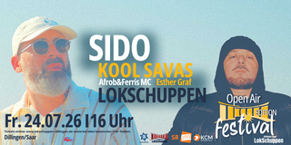Das Plakat zum Open Air Festival im Lokschuppen am 24. Juli 2025. Sido und Kool Savas sind im Hintergrund zu sehen, im Vordergrund stehen Datum und co. (Foto: Lokschuppen Dillingen/Saar)