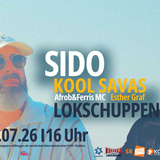 Das Plakat zum Open Air Festival im Lokschuppen am 24. Juli 2025. Sido und Kool Savas sind im Hintergrund zu sehen, im Vordergrund stehen Datum und co. (Foto: Lokschuppen Dillingen/Saar)