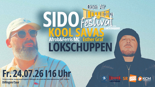 Das Plakat zum Open Air Festival im Lokschuppen am 24. Juli 2025. Sido und Kool Savas sind im Hintergrund zu sehen, im Vordergrund stehen Datum und co. (Foto: Lokschuppen Dillingen/Saar) Das Plakat zum Open Air Festival im Lokschuppen am 24. Juli 2025. Sido und Kool Savas sind im Hintergrund zu sehen, im Vordergrund stehen Datum und co. (Foto: Lokschuppen Dillingen/Saar)