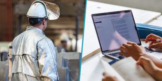 Bildcollage: Ein Metallarbeiter in Hitzeschutzanzug und Junge Leute beim Lernen (Foto: picture alliance/dpa | Christoph Reichwein, Philipp von Ditfurth)