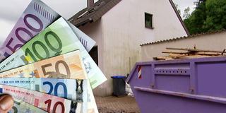 Geldscheine mit einem Haus, das durch das Unwetter beschädigt wurde (Foto: SR/dpa)