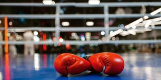 Rote Boxhandschuhe liegen in einem blauen Boxring (Foto: imago images/Panthermedia)