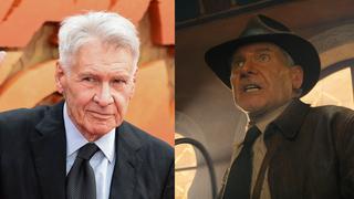Collage aus einem Bild von Harrison Ford auf der Premiere und in einer Filmszene von "Indiana Jones und das Rad des Schicksals". (Foto: Imago/Future Image und Disney)