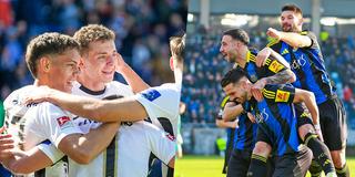 Bildcollage: Spieler von SV Elversberg und FC Saarbrücken jubeln (Foto: IMAGO / Steinsiek.ch, IMAGO / Jan Huebner)