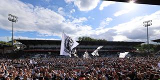 Fans der SV Elversberg feiern den Aufstieg auf dem Rasen (Foto: IMAGO / Fussball-News Saarland  )
