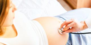 Eine Hebamme untersucht eine schwangere Frau. Abhören der Herztöne des Ungeborenen. (Foto: IMAGO / Depositphotos)