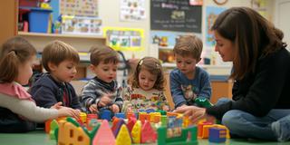 Kinder spielen mit farbigen Klötzen in einer Kita.  (Foto: IMAGO / Panthermedia / sfinks)