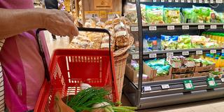 Einkaufskorb mit frischem Gemüse und Kräutern in einem Supermarkt (Foto: IMAGO / Martin Wagner)