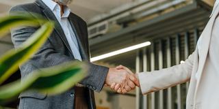Symbolbild: Handschlag im Businessbereich (Foto: IMAGO / Westend61)