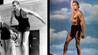 Johnny Weissmuller: Links im Schwimmtraining, rechts auf einem Kinoplakat als Tarzan (Foto: IMAGO / Ronald Grant & IMAGO / Prod.DB)