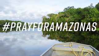 Der Hashtag "Pray for Amazonas" auf einem Bild vom Amazonas-Regenwald (Foto: pixabay.com/deltreehd)