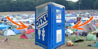 Collage: Eine Dixi-Toilette vor dem Rocco del Schlacko Zeltplatz. (Foto: UNSERDING)