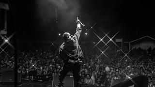 Der jamaikanische Rapper Sean Paul gibt ein Konzert, das Foto ist schwarz-weiß und zeigt den Artist von hinten vor vollem Publikum. (Foto: den atelier)