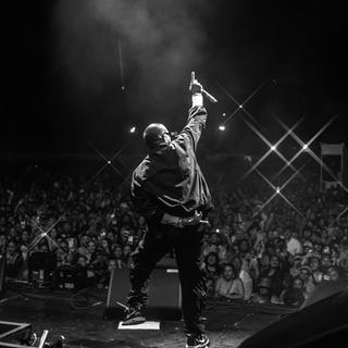 Der jamaikanische Rapper Sean Paul gibt ein Konzert, das Foto ist schwarz-weiß und zeigt den Artist von hinten vor vollem Publikum. (Foto: den atelier)