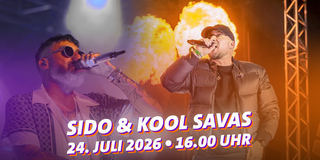 Das Plakat zum Open Air Festival im Lokschuppen am 24. Juli 2025. Sido und Kool Savas sind im Hintergrund zu sehen, im Vordergrund stehen Datum und Location (Foto: IMAGO / Martin Müller / HMB-Media)
