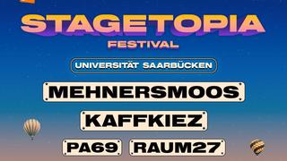 Die Acts, die auf dem Stagetopia spielen, stehen auf einem blauen Plakat geschrieben. (Foto: A++ Eventmanagement)