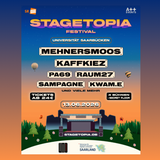 Die Acts, die auf dem Stagetopia spielen, stehen auf einem blauen Plakat geschrieben. (Foto: A++ Eventmanagement)