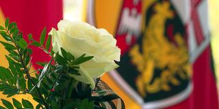Eine weiße Rose steht vor der saarländischen Landesflagge (Foto: SR)