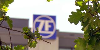 Unscharf ist das Logo des Getriebeherstellers ZF im Hintergrund durch eine Baumkrone zu erkennen (Foto: SR)
