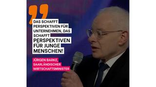 Zitat des saarländischen Wirtschaftsminister Jürgen Barke (SPD) bei der Pressekonferenz zum neuen Wolfspeed-Werk in Ensdorf. (Foto: UNSERDING)